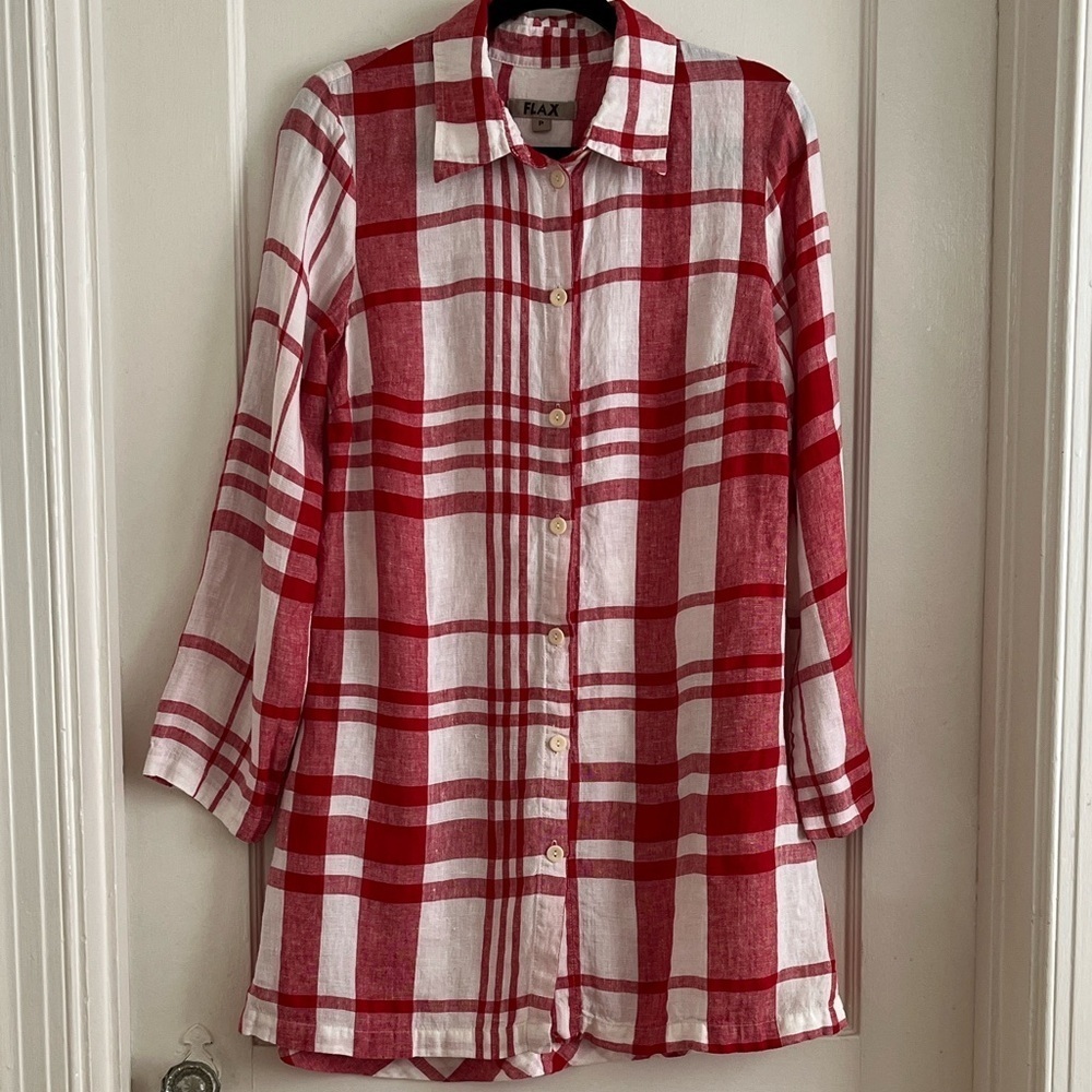 FLAX 100% Linen Red & White Checkered Shirtdress Full Button Front Dress Size P - Picture 2 of 12